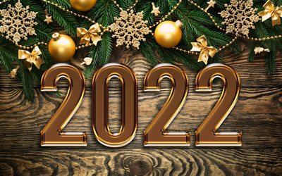 2022 رقم ثلاثي الأبعاد ذهبي, 4 ك, ديكورات الكريسماس, كل عام و انتم بخير, خلفيات خشبية, كرات عيد الميلاد الذهبية, 2022 مفاهيم, 2022 العام الجديد, 2022 على خلفية خشبية, 2022 أرقام سنة