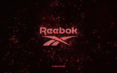 Reebok glitter logo, 4k, black background, Reebok logo, red glitter art, Reebok, creative art, Reebok red glitter logo