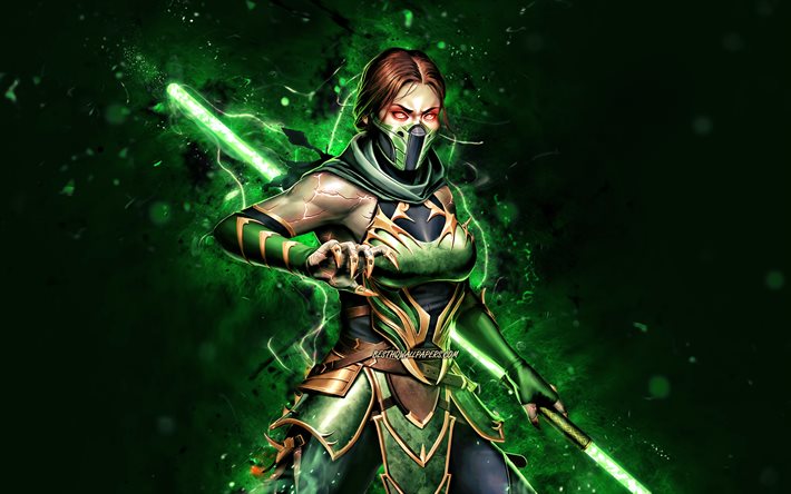 Jade, 4k, yeşil neon ışıkları, Mortal Kombat Mobile, d&#246;v&#252;ş oyunları, MK Mobile, yaratıcı, Mortal Kombat, Jade Mortal Kombat