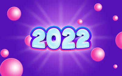 4k, 2022 blue 3D digits, pink bubble gum, Happy New Year 2022, violet abstract backgrounds, 2022 concepts, 2022 new year, 2022 on purple background, 2022 year digits