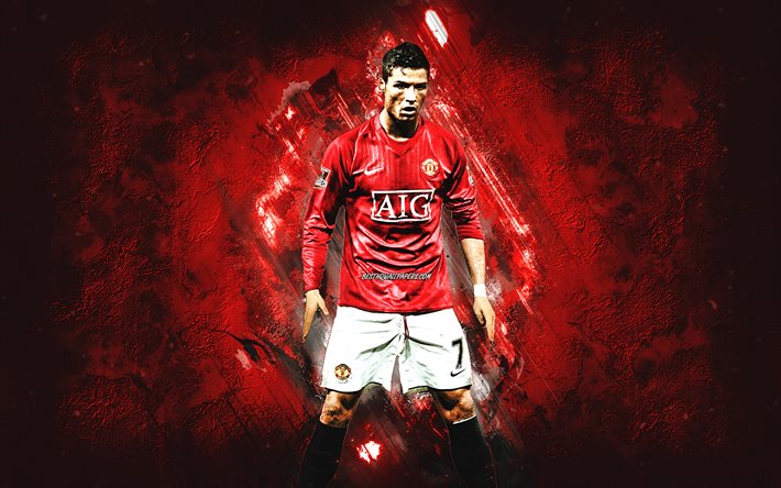 Cristiano Ronaldo, CR7, Manchester United FC, nuori Ronaldo, Valioliiga, punainen kivi tausta, jalkapallo, grunge art, Englanti