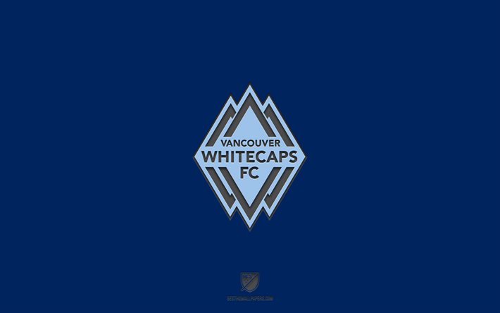 Vancouver Whitecaps FC, fundo azul, time de futebol canadense, emblema do Vancouver Whitecaps FC, MLS, Canad&#225;, EUA, futebol, logotipo do Vancouver Whitecaps FC