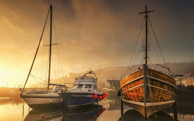 yacht, harbor, wooden boat, dawn, Cornwall, England