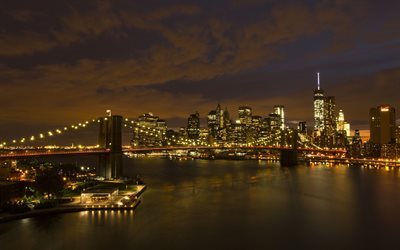 new york, nacht, brooklyn bridge, wolkenkratzer, vereinigte staaten