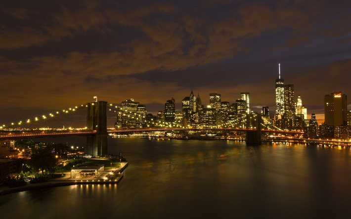 New York, night, brooklyn bridge, skyscrapers, United States