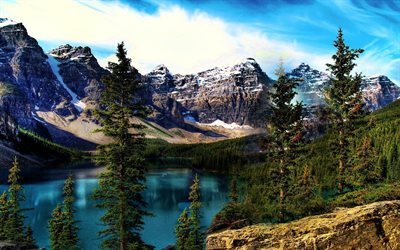 Moraine Lake, HDR, mountains, Banff National Park, forest, summer, Alberta, Canada