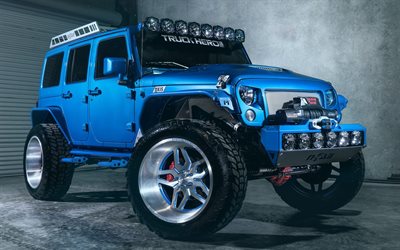 Jeep Wrangler, tuning, 2017 cars, 4x4, SUVs, blue Wrangler, USA, Jeep