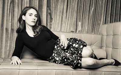Alison Brie, 4k, photo shoot, American actress, black and white, skirt with flowers