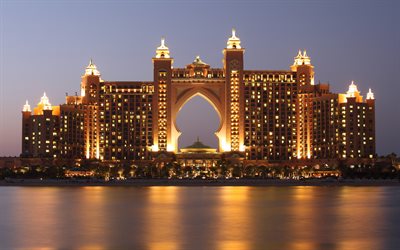 Atlantis Hotel, Dubai, hotel de luxo, EMIRADOS &#225;rabes unidos, noite, luzes, costa
