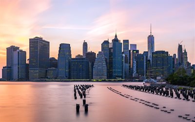 4k, Manhattan, old pier, skyscrapers, New York, USA, America, NYC