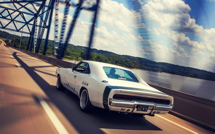 Dodge Charger, 1970 cars, retro cars, white Charger, Dodge