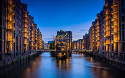 Hamburg, Speicherstadt, Germany, evening, city lights, warehouse district, Gothic Revival