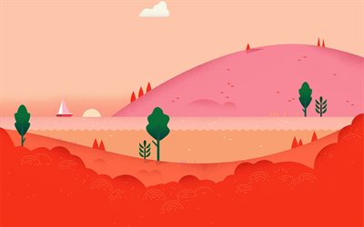 4k, mountains, senset, forest, red landscape, minimal, lollipop