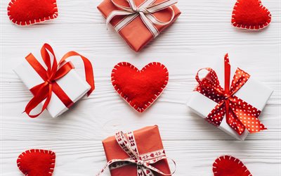 Il Giorno di san valentino, cuore rosso, rosso, scatole regalo, seta, fiocchi, romanticismo