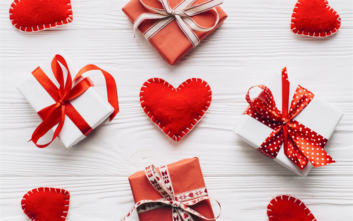 Il Giorno di san valentino, cuore rosso, rosso, scatole regalo, seta, fiocchi, romanticismo