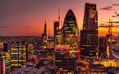 London, skyscrapers, The Shard, 30 St Mary Axe, 4k, UK, evening, business centers, city lights, modern architecture
