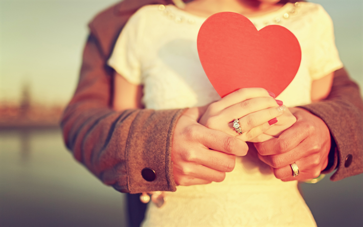 زوجين المحبة, خاتم الخطوبة, قلب أحمر, الرومانسية, الحب المفاهيم, اليدين