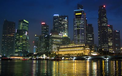 Marina Bay, Singapur, 4k, modern binalar, nightscapes, g&#246;kdelenler, Asya