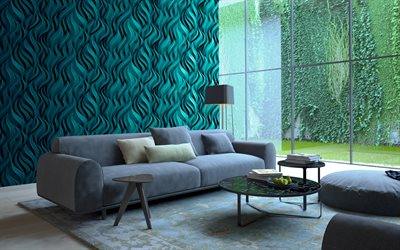 soggiorno, 4k, interno verde, moderno appartamento, pannello 3d, divano, moderno, design, interior idea