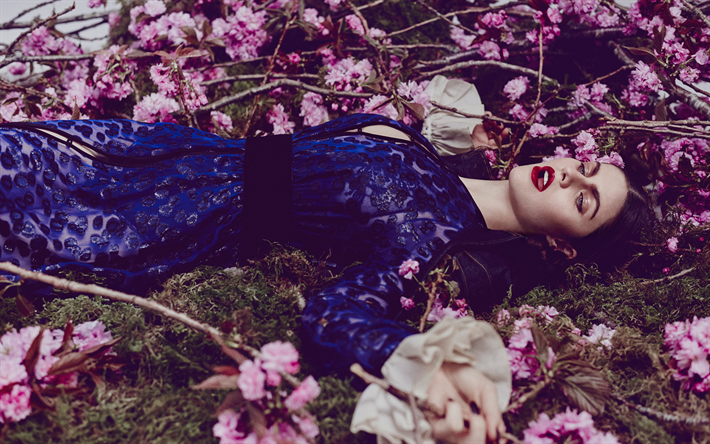 Alexandra Daddario, azul vestido de luxo, sess&#227;o de fotos, make-up, A atriz norte-americana, modelo de moda