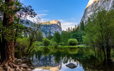 Mirror Lake, Yosemite Valley, 4k, vuoret, Yosemite National Park, USA, Amerikassa