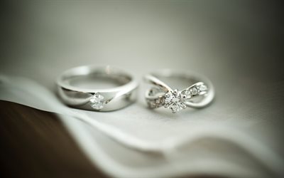 wedding rings, white gold, wedding concepts, white silk, pair of rings, wedding