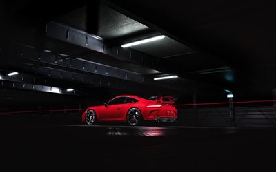 Porsche 911 model daha y&#252;ksek, 2018, TechArt, kırmızı spor coupe, araba Parkı, kırmızı 911 GT3, ayarlama, Alman otomobil, Porsche