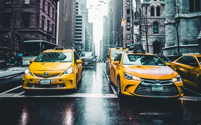 4k, New York, street, gula taxi, vinter, skyskrapor, USA, NYC, Amerika