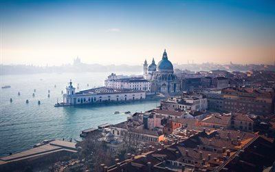 Venedik, İtalya, San Giorgio Maggiore, Santa Maria della Salute, gece, şehir, panorama, Eski Şehir, Romantik yerler