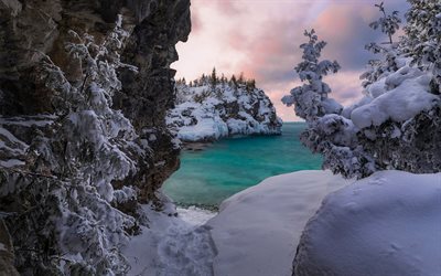 G&#246;l Huron, Bruce Yarımadası, Ontario, kış, orman, kar, snowdrifts, Kanada