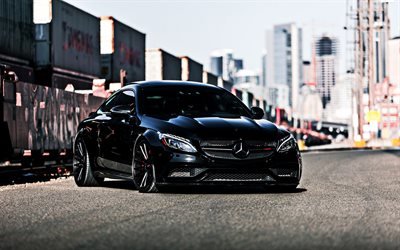 Mercedes-Benz C63 AMG, 2019, black sports coupe, exterior, front view, new black, tuning C63, German sports cars, Mercedes