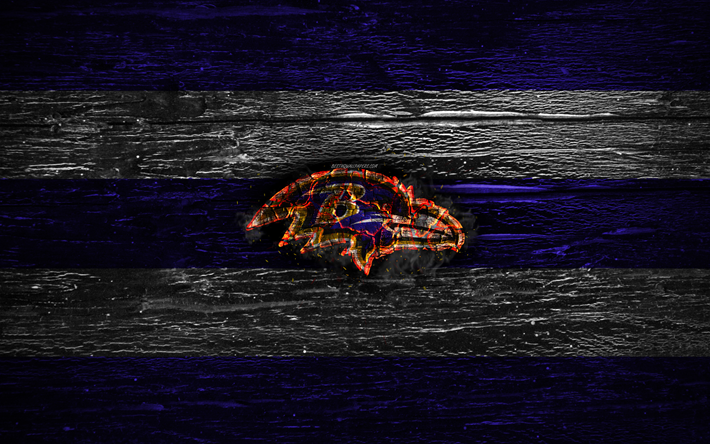 Baltimore Ravens, fuoco, logo, NFL, blu e bianco a righe, football americano, USA, di legno, texture, AFC, National Football League, Baltimore Ravens logo