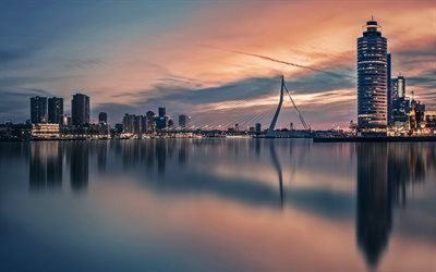 Erasmusbrug, Rotterdam, illalla, sunset, kaupunkikuva, skyline, maamerkki, Alankomaat