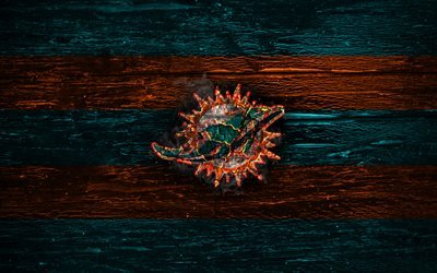 Miami Dolphins, fire logo, NFL, blue and orange lines, american football, USA, wooden texture, AFC, National Football League, Miami Dolphins logo