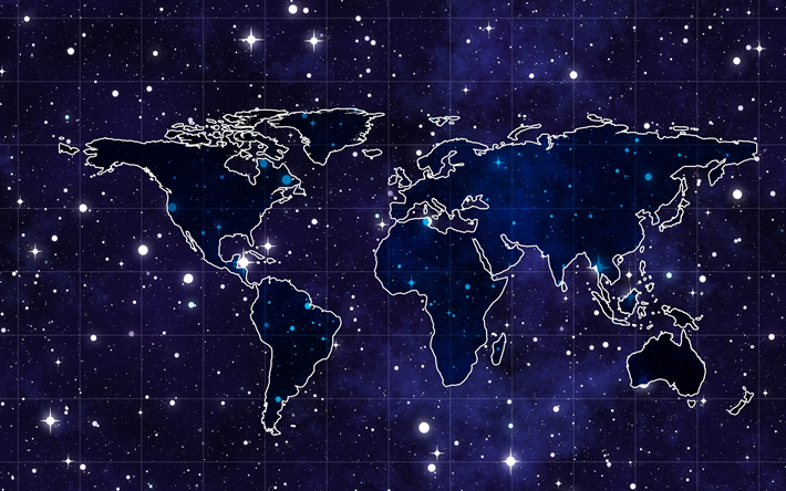 blue world map, starry sky, world map concept, art, creative, world map on blue background, world maps