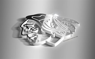 Chicago Blackhawks, 3D acier logo Am&#233;ricaine de Hockey Club, 3D, embl&#232;me de la LNH, Chicago, Illinois, etats-unis, la Ligue Nationale de Hockey, Chicago Blackhawks embl&#232;me m&#233;tallique, de hockey, de cr&#233;ation 3d art