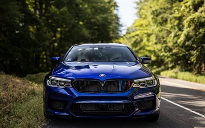 BMW M5, F90, 2018, front view, M package, tuning M5, new blue M5, sport sedans, BMW
