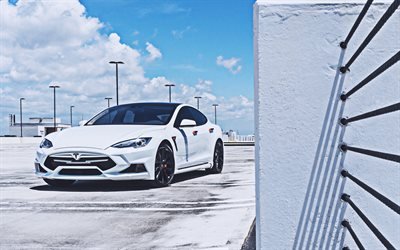Tesla Model S, 4k, tuning, 2019 auto, elettrico, auto, bianco, Modello S, auto americane, Tesla