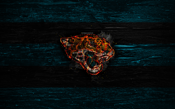 Jacksonville Jaguars, fire logo, NFL, blue and black lines, american football, USA, wooden texture, AFC, National Football League, Jacksonville Jaguars logo