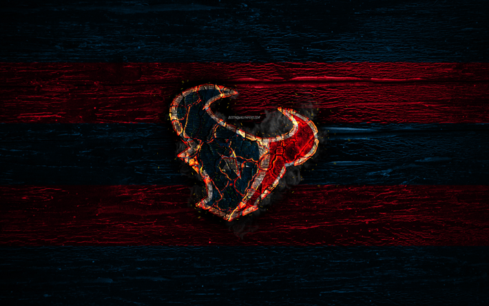 Houston Texans, fire logo, NFL, blue and red lines, american football, USA, wooden texture, AFC, National Football League, Houston Texans logo
