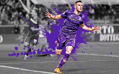 Jordan Veretout, 4k, French football player, ACF Fiorentina, midfielder, purple paint splashes, creative art, Serie A, Italy, football, grunge art, Fiorentina