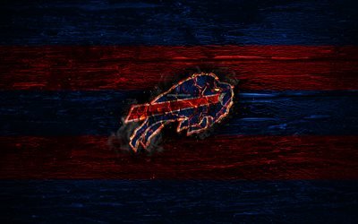 Buffalo Bills, fire logo, NFL, blue and red lines, american football, USA, wooden texture, AFC, National Football League, Buffalo Bills logo