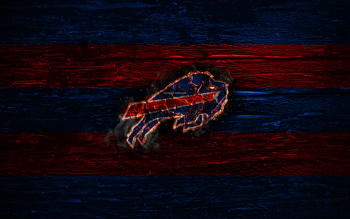Buffalo Bills, fire logo, NFL, blue and red lines, american football, USA, wooden texture, AFC, National Football League, Buffalo Bills logo