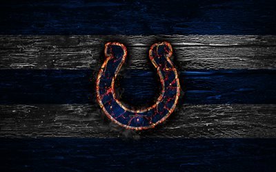 Indianapolis Colts, fire logo, NFL, blue and white lines, american football, USA, wooden texture, AFC, National Football League, Indianapolis Colts logo