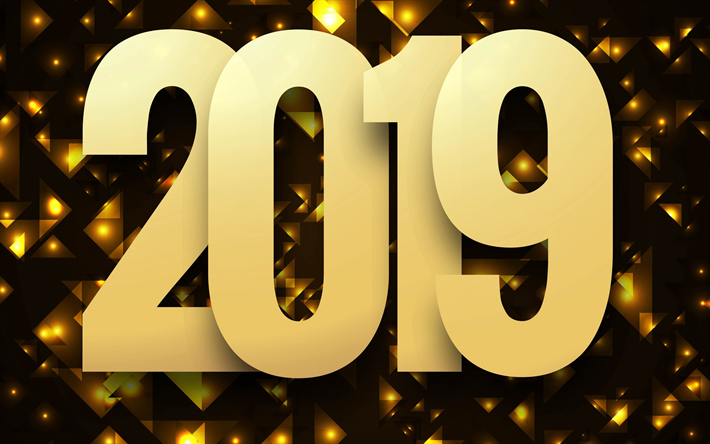 Feliz Ano Novo 2019, ouro 2019 plano de fundo, arte criativa, letras de ouro
