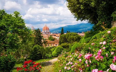 Florence Cathedral, Cattedrale di Santa Maria del Fiore, Florence, mountain landscape, summer, Italy