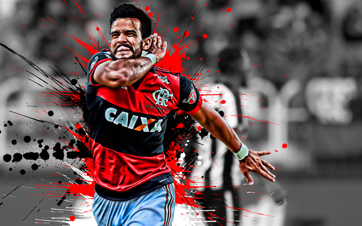 Henrique Dourado, 4k, futbolista Brasile&#241;o, de Flamengo, el delantero, de color rojo-negro gotas de pintura, arte creativo, de la Serie a, el Brasil, el f&#250;tbol, el grunge de arte