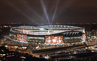 Emirates Stadium, Engelska football stadium, Arsenal FC-Stadion, London, England, kv&#228;ll, natt, arenor, Arsenal Stadium