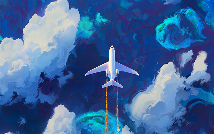 flying plane, artwork, white plane, sky, clouds, private jet