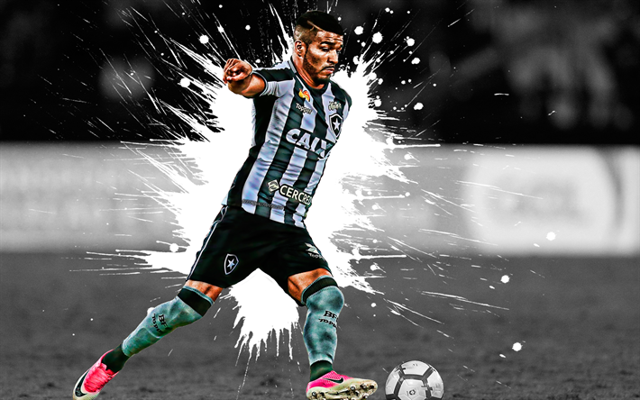 Rodrigo Aguirre, 4k, Uruguayanska fotbollsspelare, Botafogo, anfallare, vit svart f&#228;rg st&#228;nk, kreativ konst, Serie A, Brasilien, fotboll, grunge konst
